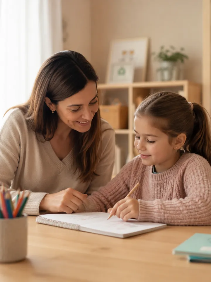 Familia acompañando a su hija mientras escribe en un cuaderno
