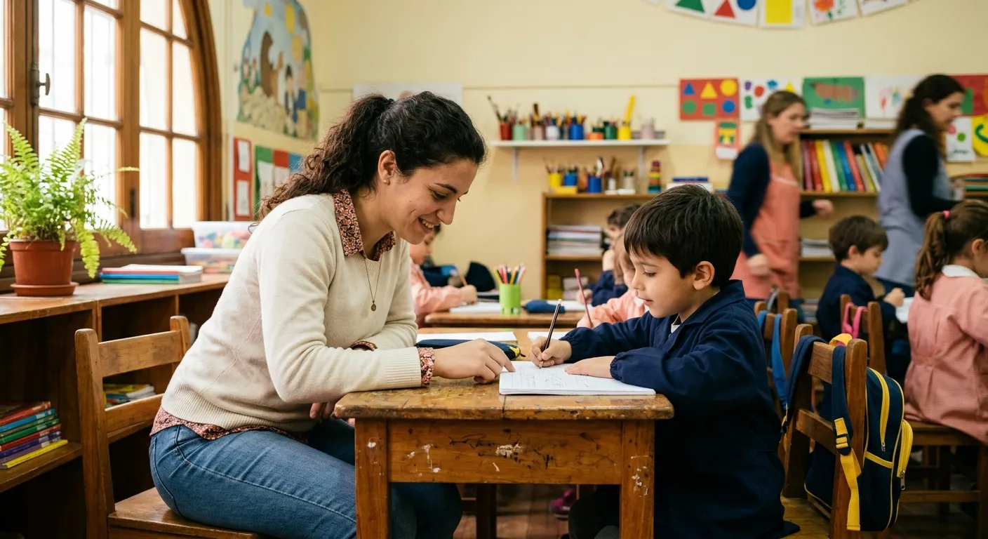 Acompañante escolar apoyando a un niño en el aula durante la jornada lectiva