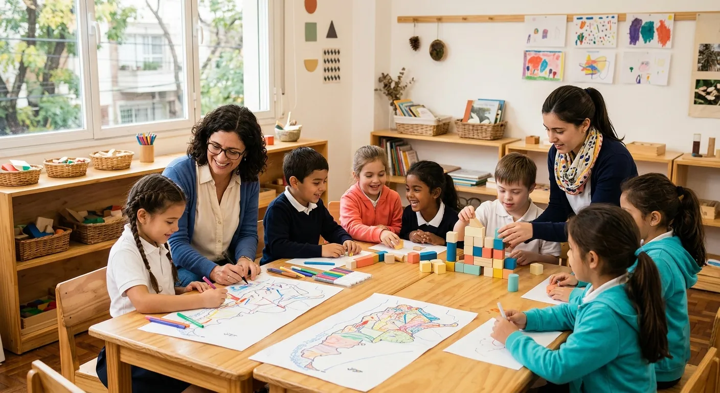 Maestra integradora y alumnos trabajando juntos en un proyecto de aprendizaje integrado en el aula