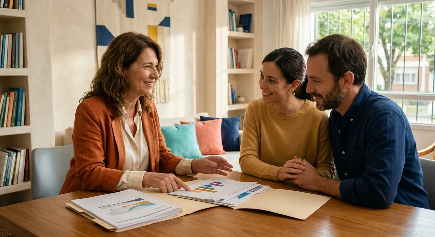 Reunión de equipo psicopedagógico y familia para planificar apoyos escolares