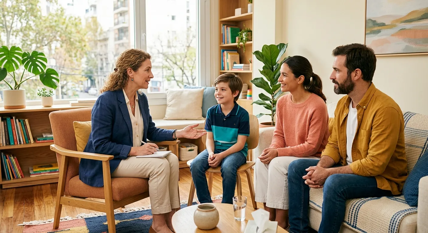 Profesional brindando contención e orientación a una familia sobre el desarrollo escolar e integración de su hijo.