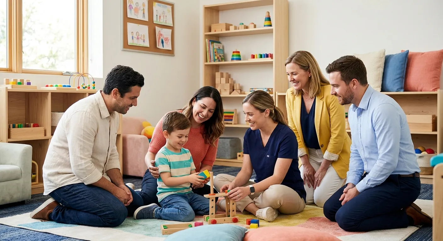 Equipo de un centro interdisciplinario reunido con una familia y un niño en un ambiente cálido y luminoso.