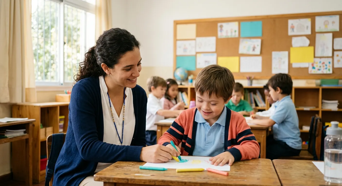 Acompañante terapéutico apoyando a un niño en el aula escolar