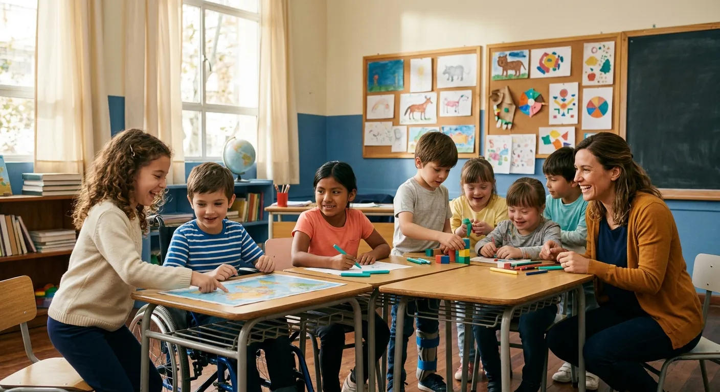 Niños en un aula inclusiva de CABA compartiendo actividades escolares con empatía y respeto