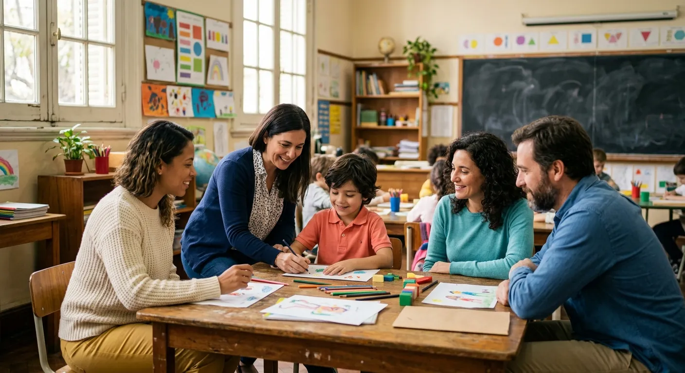Familia, docentes y profesionales reunidos colaborando en la educación inclusiva de un niño.