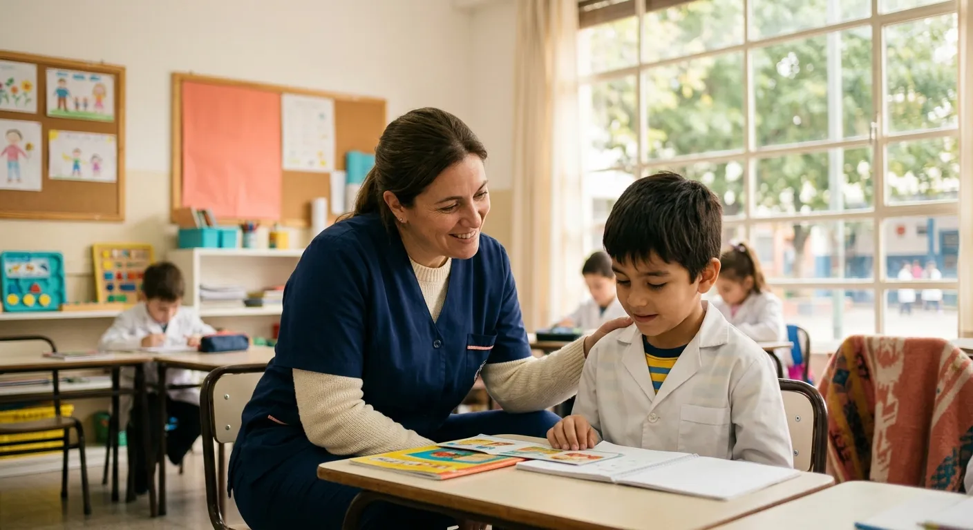Acompañante terapéutico brindando apoyo a un estudiante en el aula