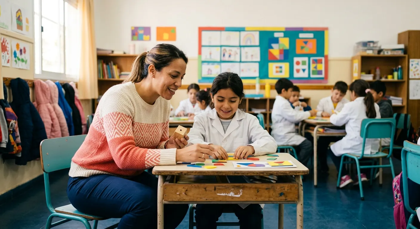 Maestra integradora acompañando a un alumno en el aula común con materiales didácticos adaptados