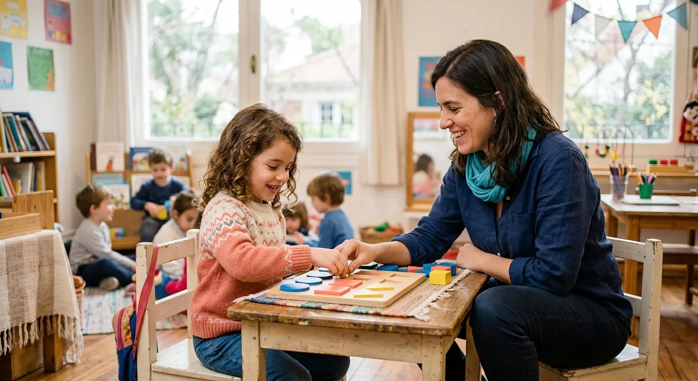 Maestra integradora acompañando a un alumno en el aula escolar