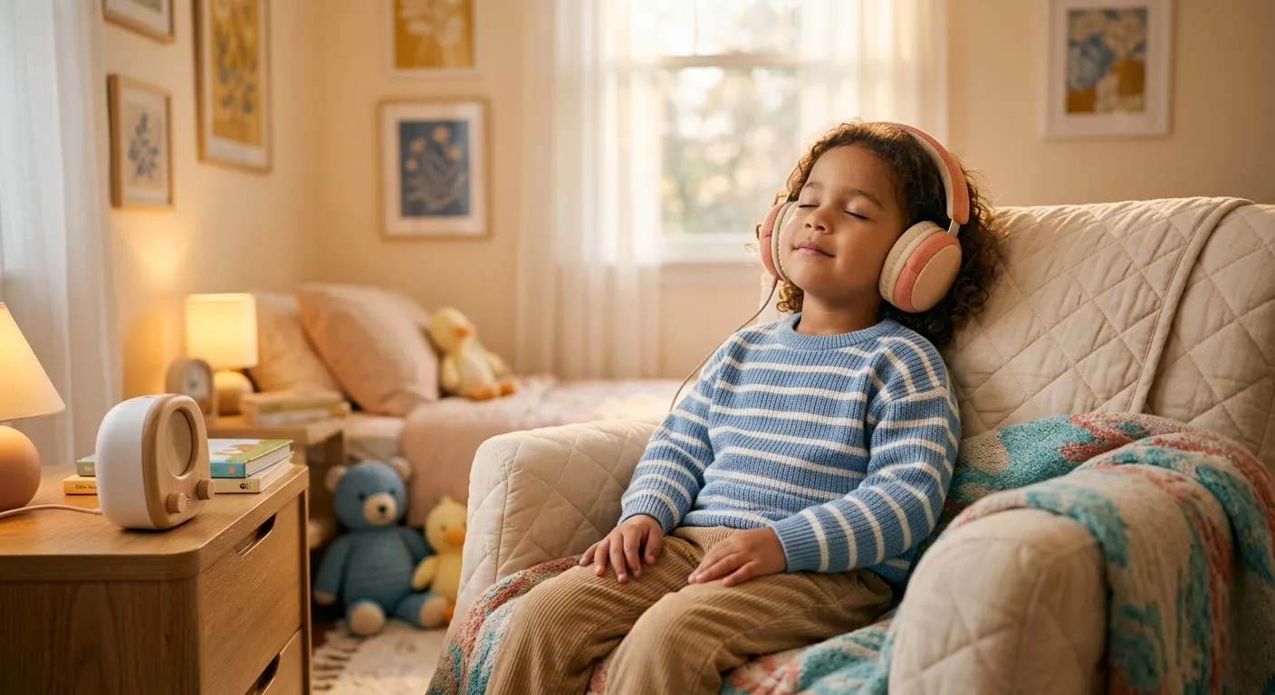 Niño dentro del espectro autista relajándose con auriculares en un ambiente cálido y tranquilo