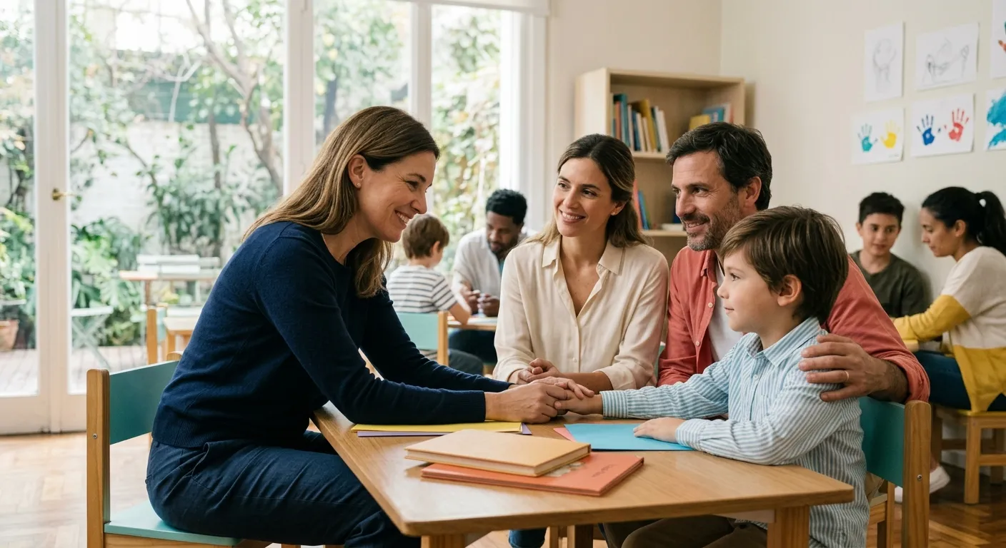 Un operador socioterapéutico interactuando de manera cálida con un niño y su familia en un entorno educativo.
