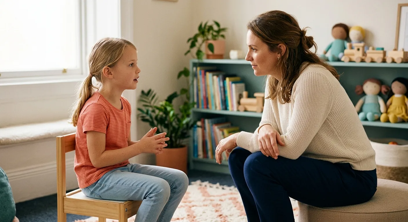 Un acompañante terapéutico brindando apoyo y contención emocional a un niño en un ambiente tranquilo.
