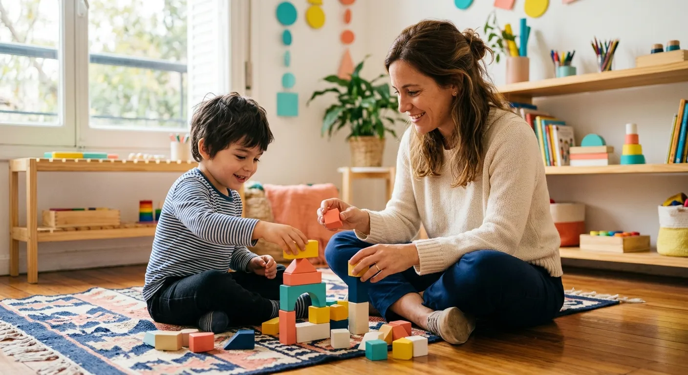Niño jugando con bloques de colores junto a una profesional en un espacio de estimulación temprana.