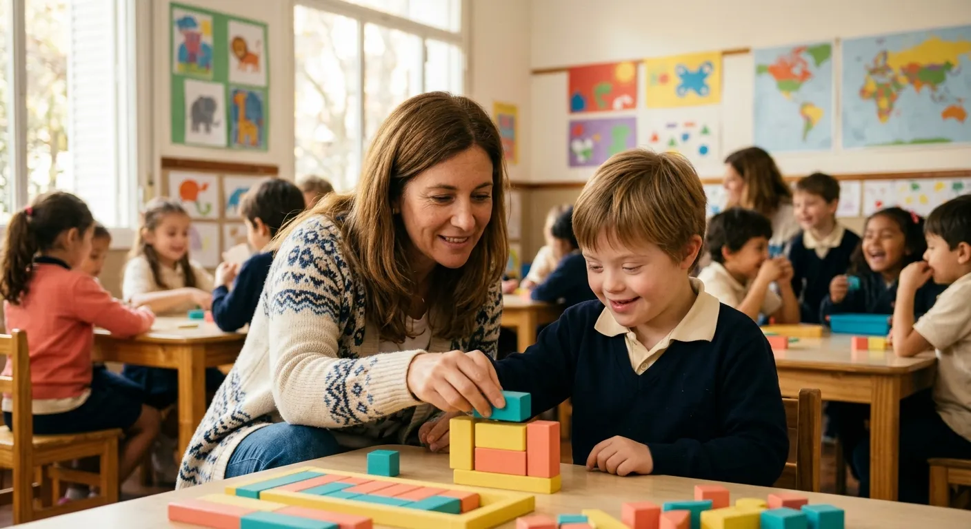 Maestra y alumno trabajando juntos en un aula inclusiva con material didáctico.