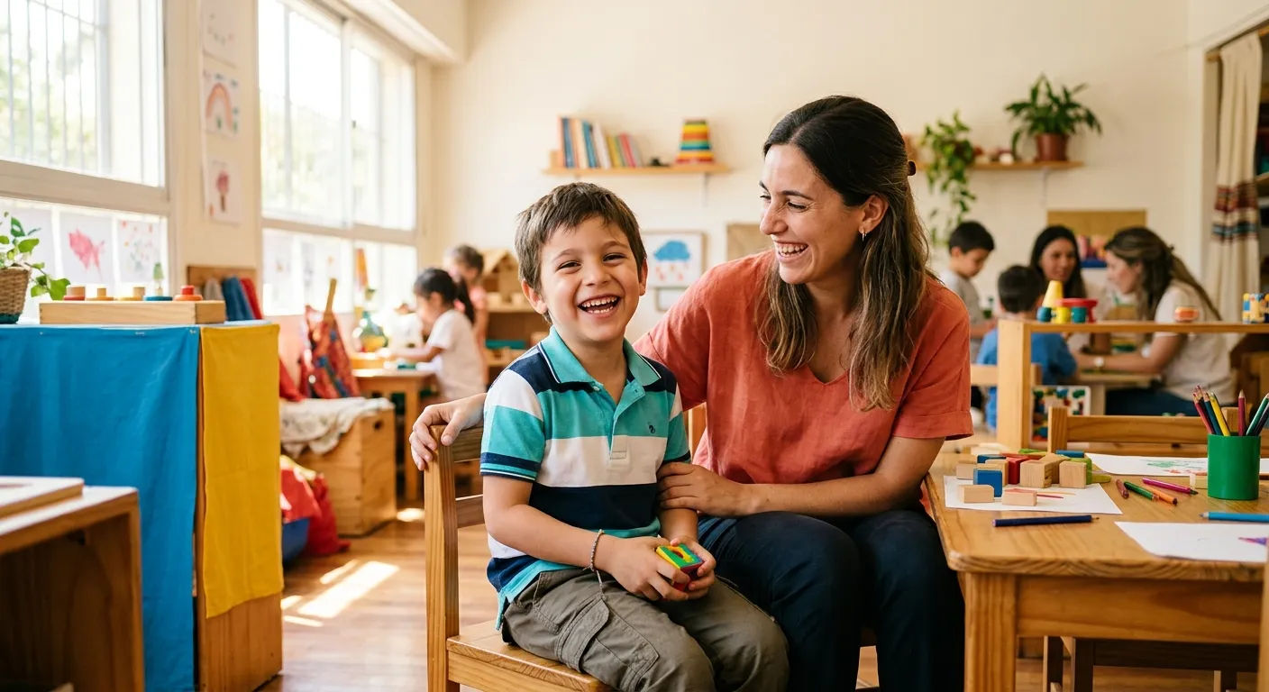 Niño en un aula inclusiva acompañado por un equipo interdisciplinario de salud y educación