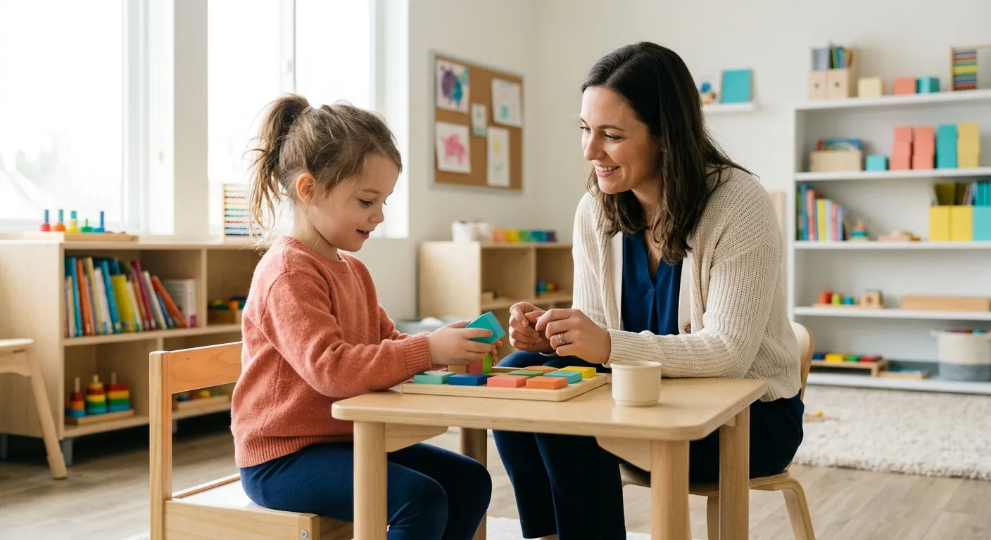 Acompañante terapéutico brindando apoyo y contención a un niño en un ámbito educativo en Argentina.