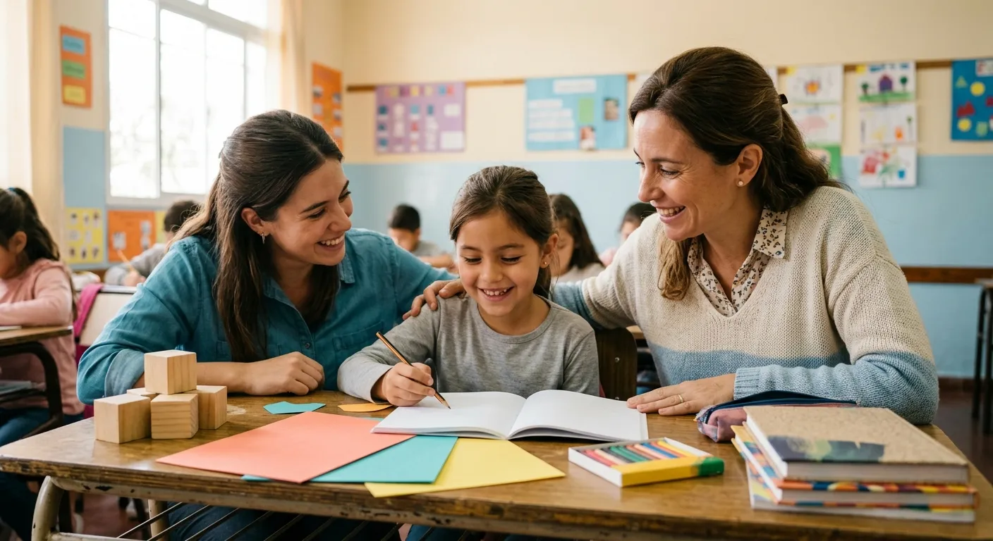 Acompañamiento escolar e inclusión educativa de un estudiante en el aula junto a su equipo de apoyo.