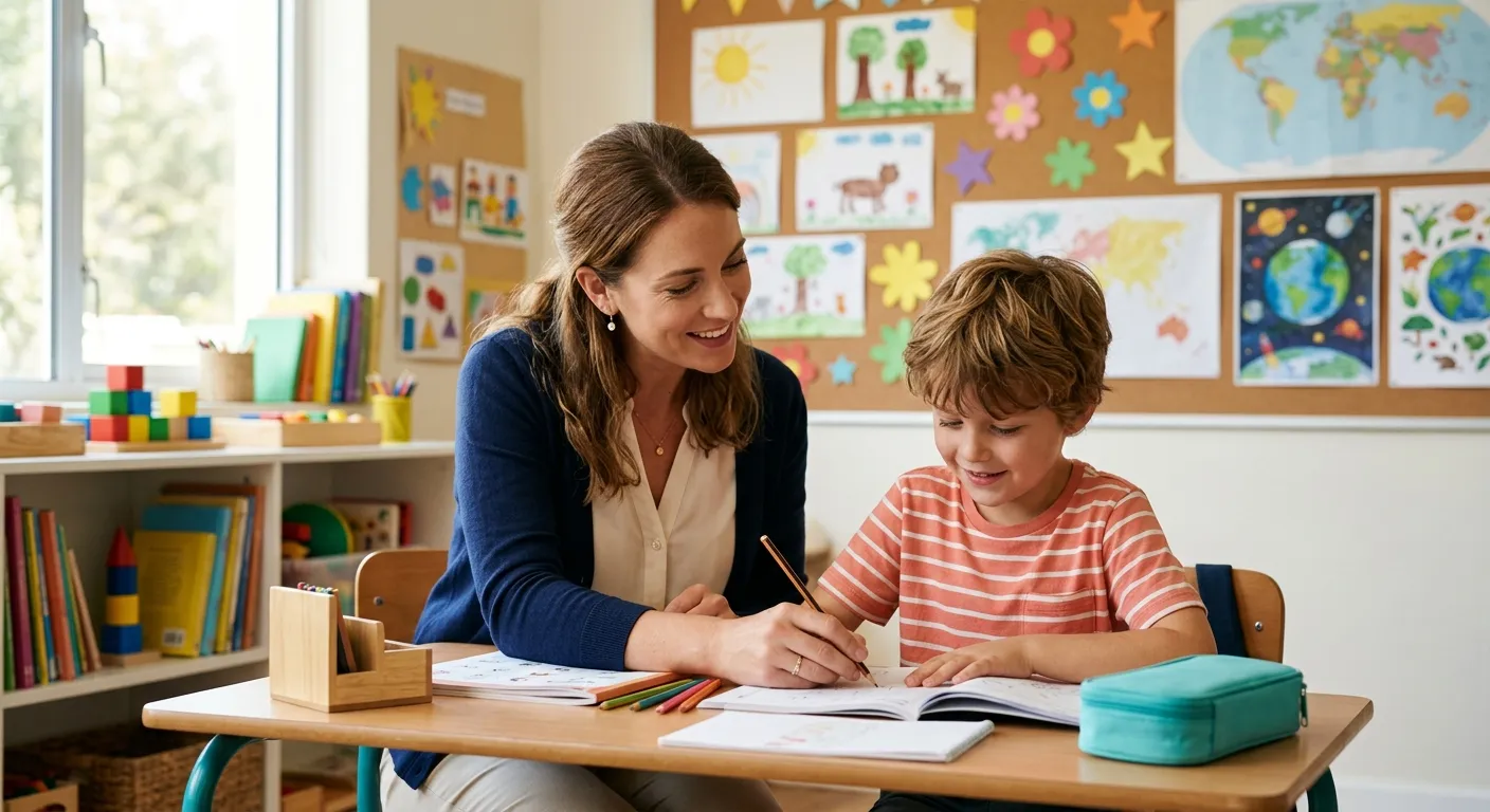 Maestra integradora acompañando a un niño en el desarrollo de su Proyecto Pedagógico Individual