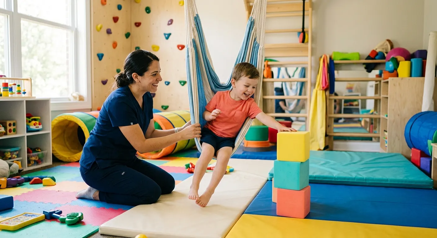 Sesión de terapia ocupacional infantil en un espacio adaptado con juegos sensoriales y acompañamiento profesional.
